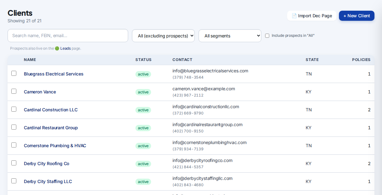 DarkHorse AMS client list — real screenshot